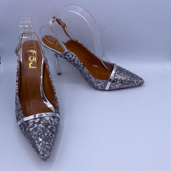 FSJ Silver Slingback pointed Kitten Heel Sandals - Picture 3 of 9